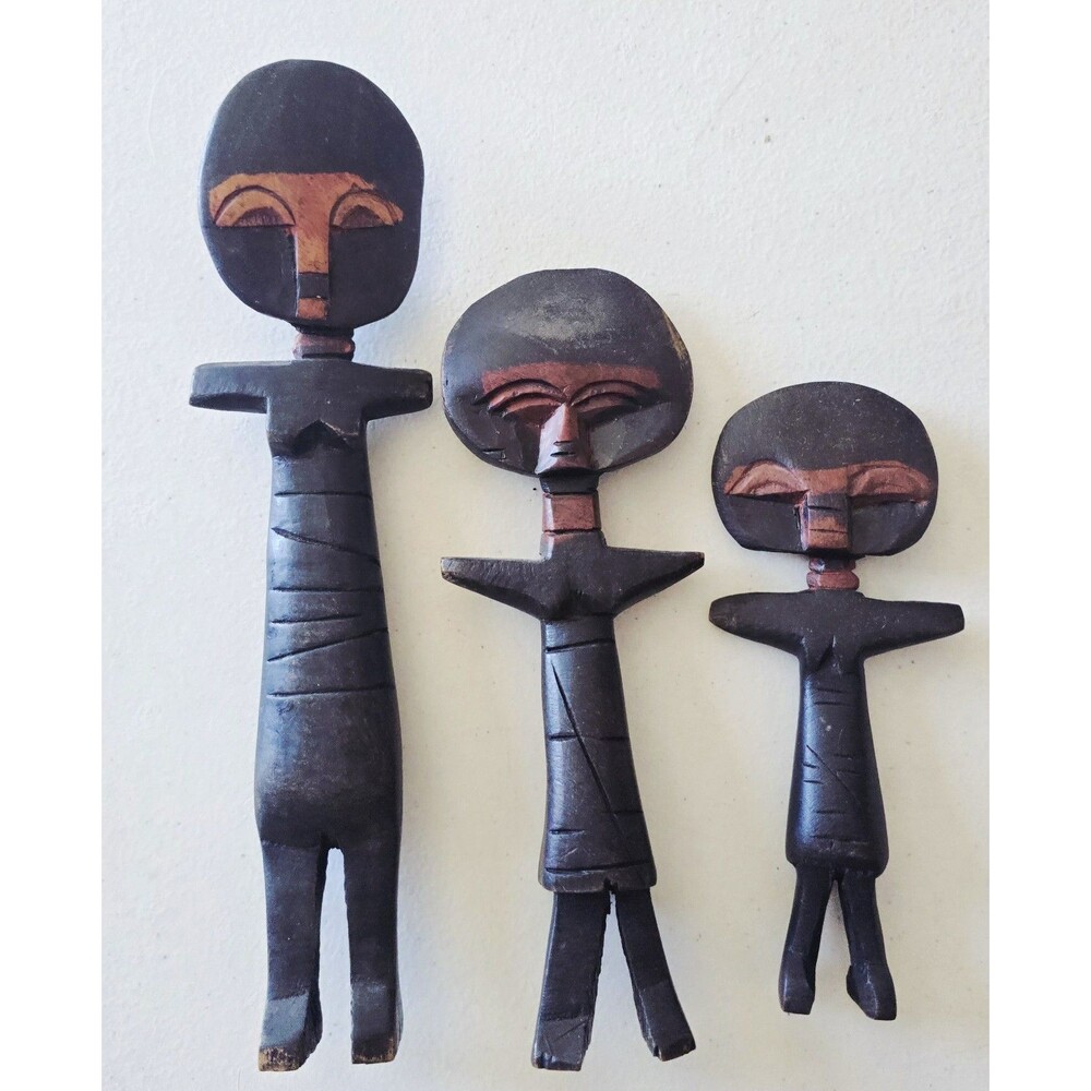 3 Wood Tribal Fertility Doll Statues Ghana African Kenya